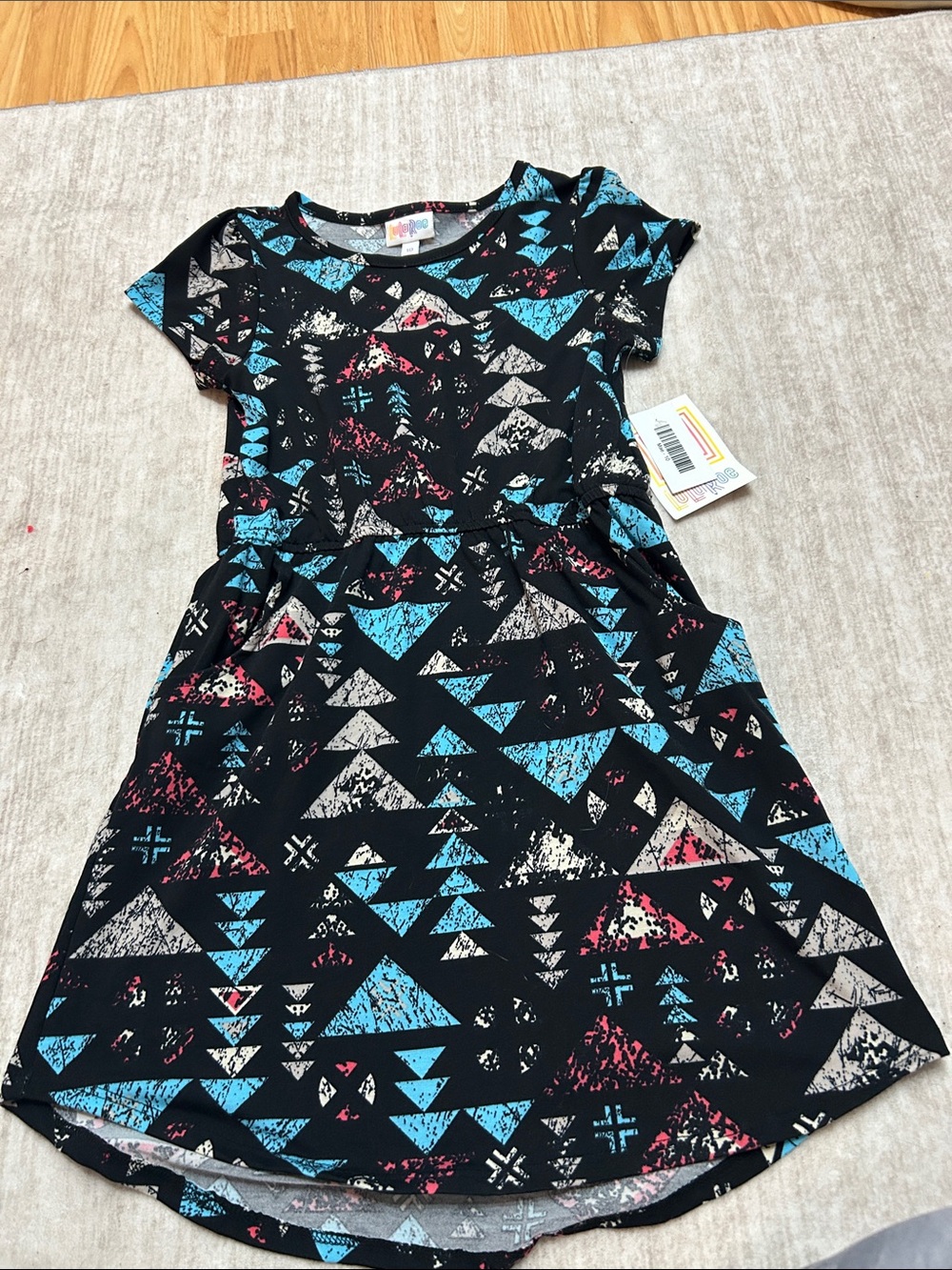 LuLaRoe Black Short Sleeve Dress with Blue, White, Pink Geometric Print
